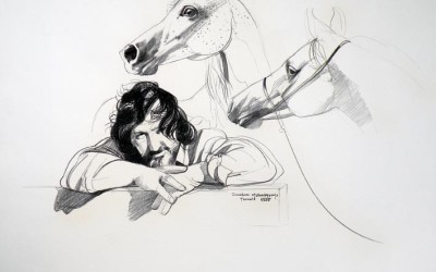Self Portrait with Two Arabians - graphite